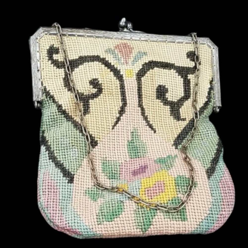 Antique Art Deco Petit Point Purse Embossed Frame